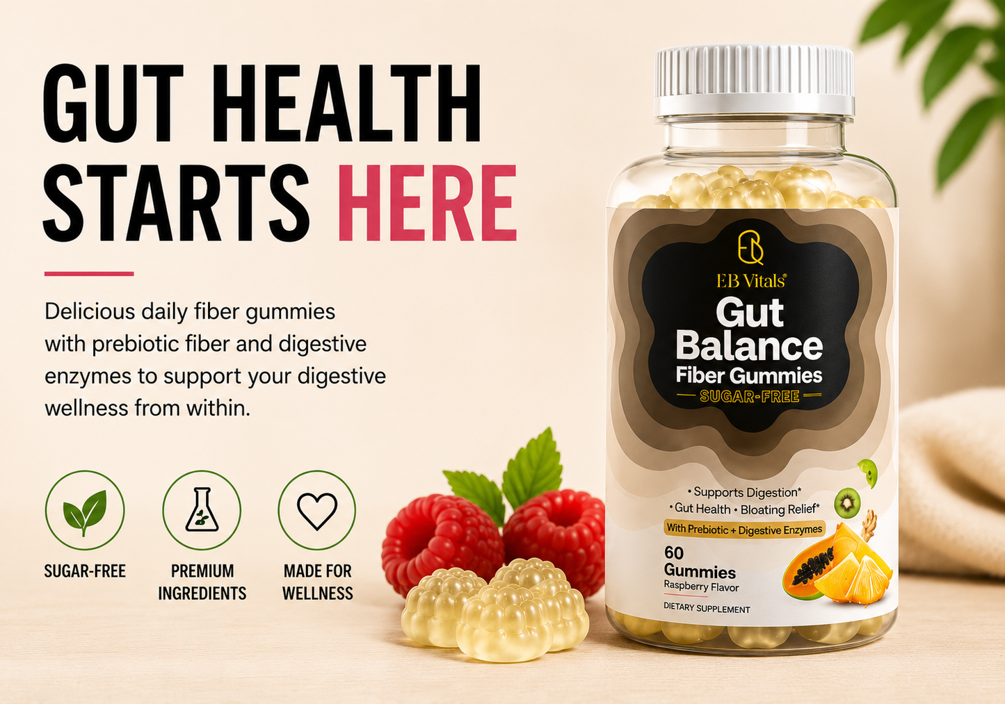 EB Vitals® Gut Balance Fiber Gummies | Sugar-Free Prebiotic Fiber with Inulin, Psyllium Husk & Digestive Enzymes for Digestive Health & Regularity